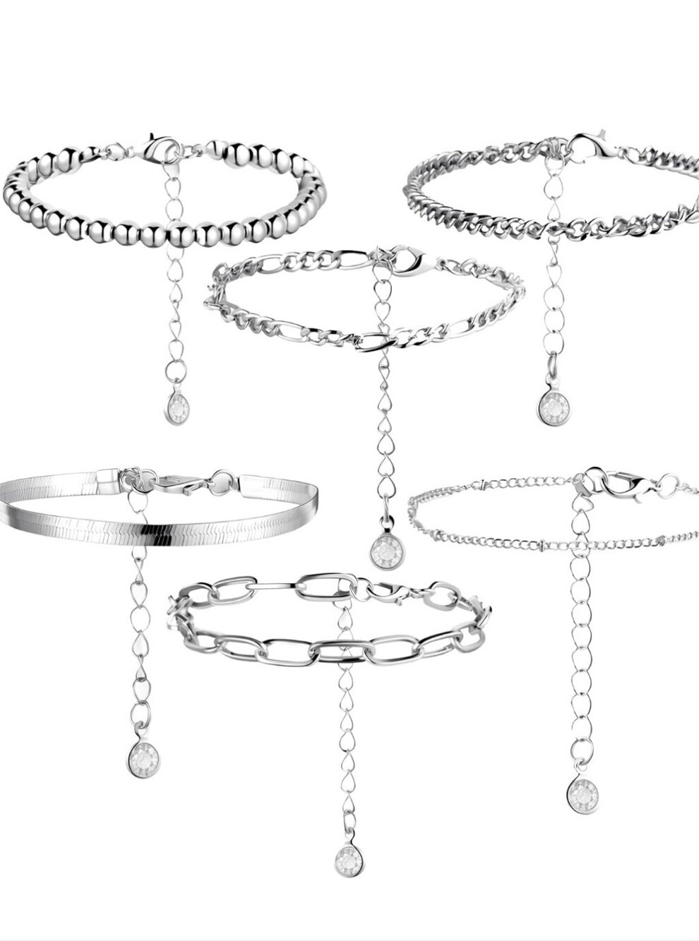 Sterling-Style Silver Anklet/Bracelet Set – 6-Pack Adjustable Silver Bracelets